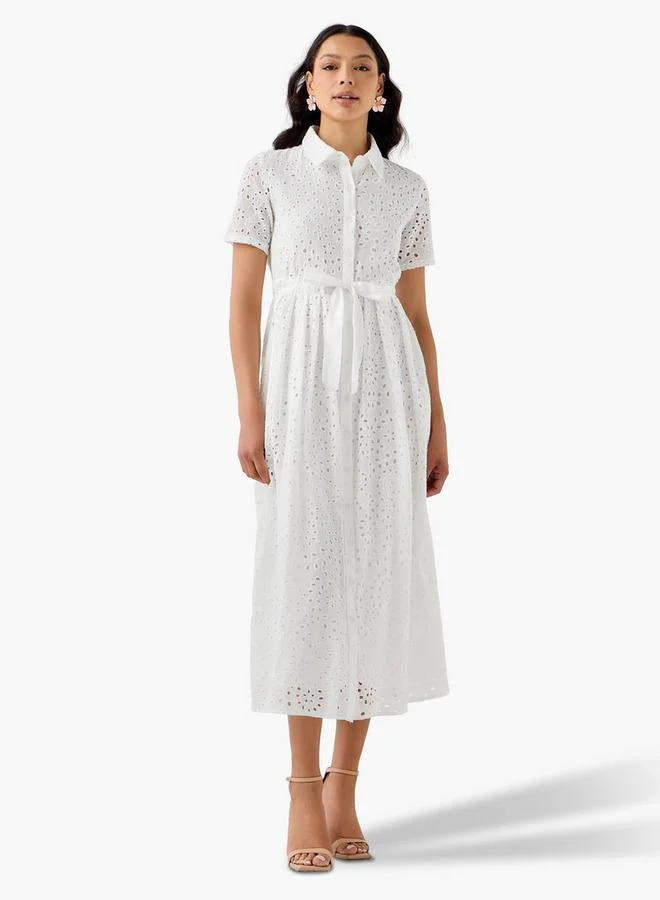 2Xtremz 2Xtremz Belted Midi Cotton Shirt Dress with Schiffli Embroidery